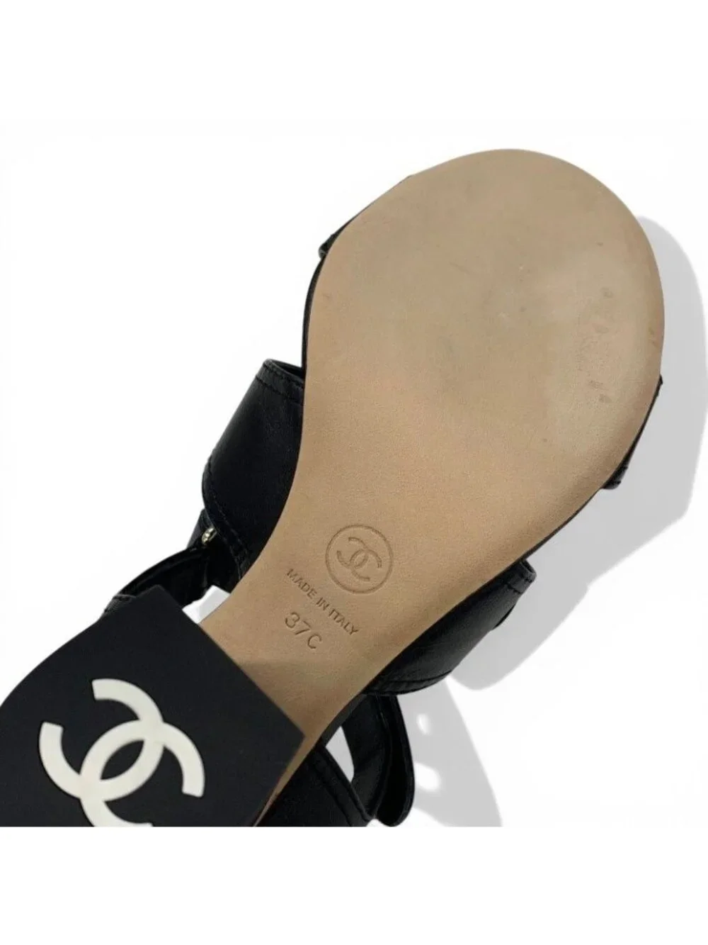 Chanel Sandals Shoes Leather Black Gold CC Logo Turnlock Velcro Strap - Picture 8 of 10